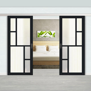 Image: Double Sliding Door & Premium Wall Track - Eco-Urban® Cairo 6 Pane Doors DD6419SG Frosted Glass - 6 Colour Options