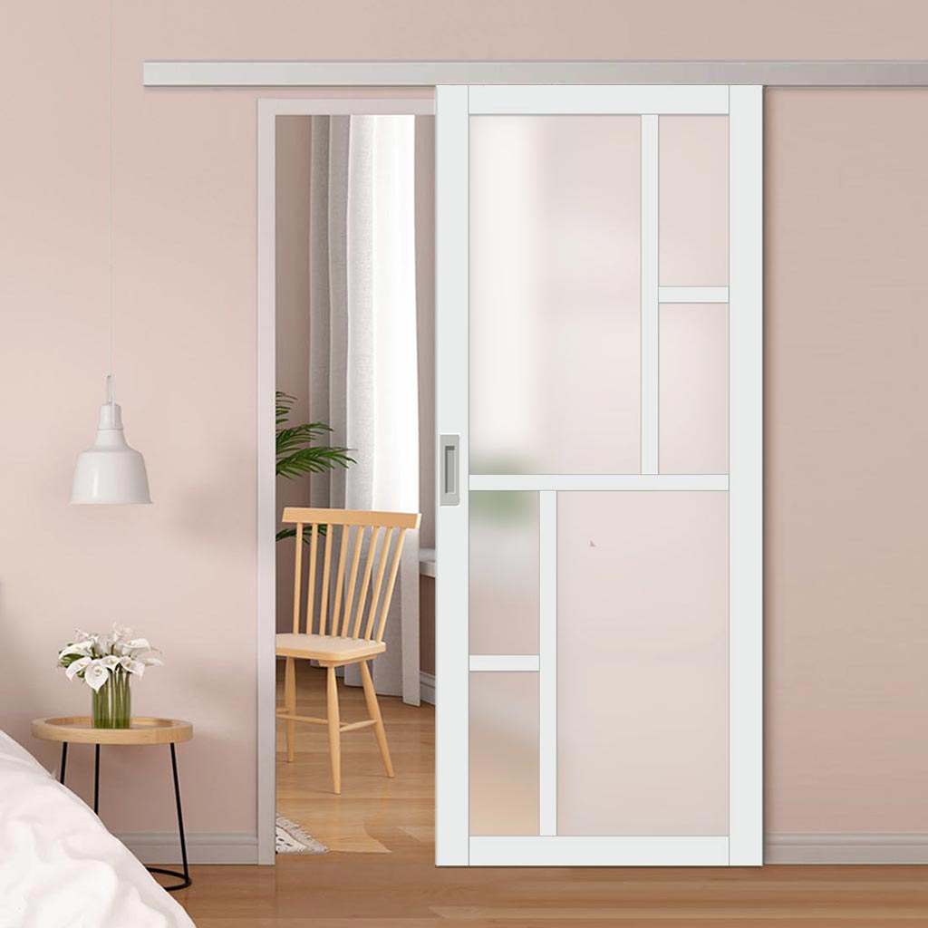Single Sliding Door & Premium Wall Track - Eco-Urban® Cairo 6 Pane Door DD6419SG Frosted Glass - 6 Colour Options