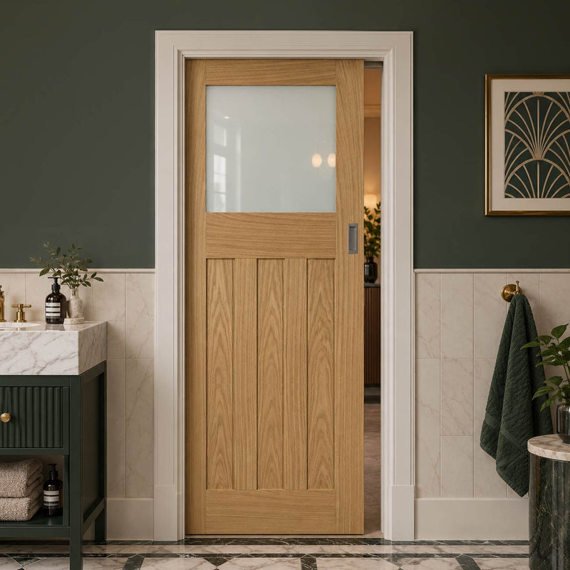 Cambridge Period Oak Single Evokit Pocket Door - Frosted Glass - Unfinished