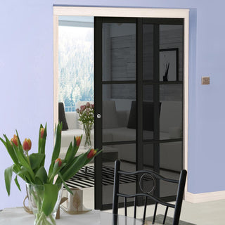 Image: Camden Black Staffetta Twin Telescopic Pocket Door - Prefinished - Tinted Glass - Urban Collection