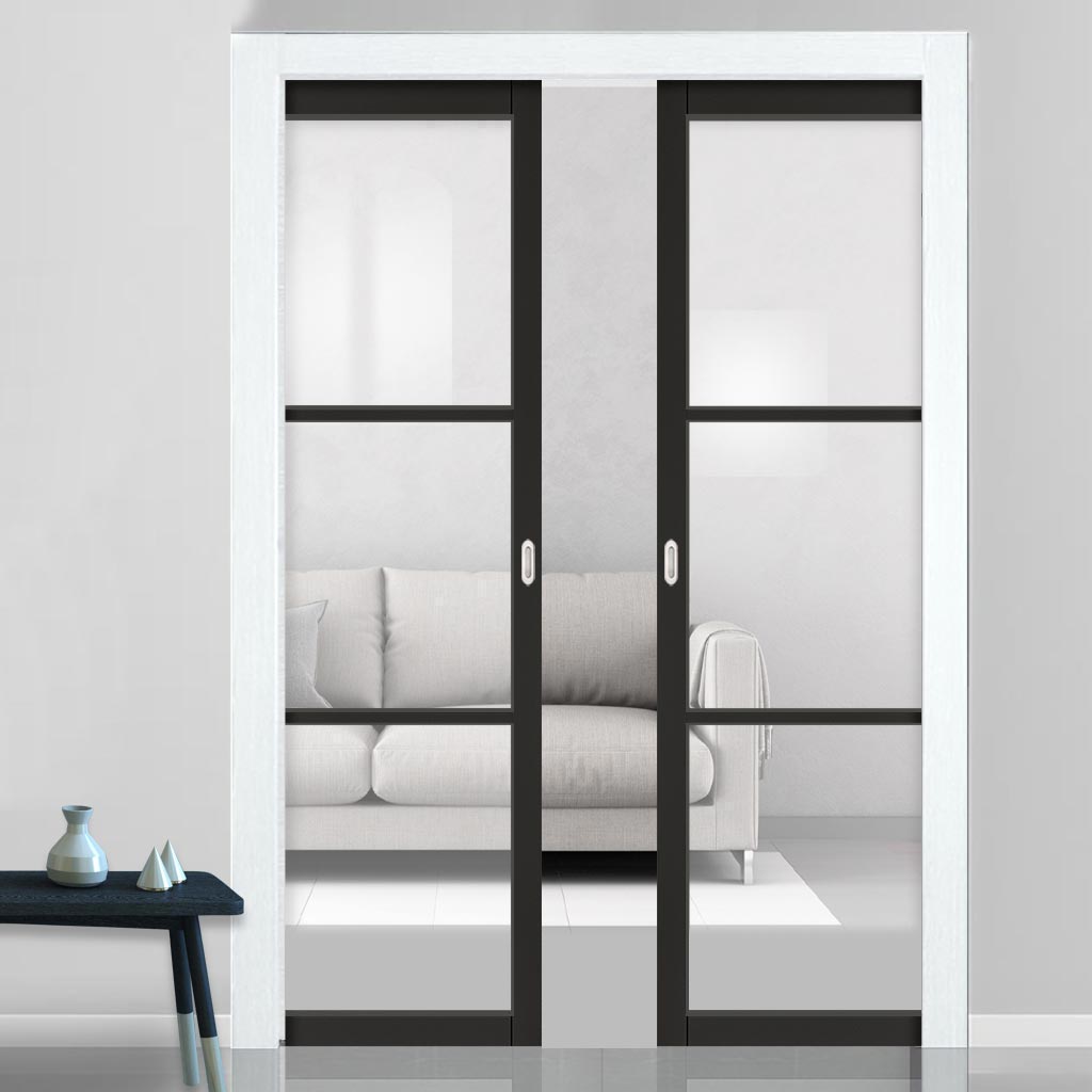 Camden Black Double Evokit Pocket Doors - Prefinished - Clear Glass - Urban Collection