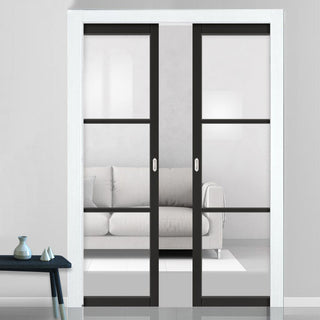 Image: Camden Black Double Evokit Pocket Doors - Prefinished - Clear Glass - Urban Collection