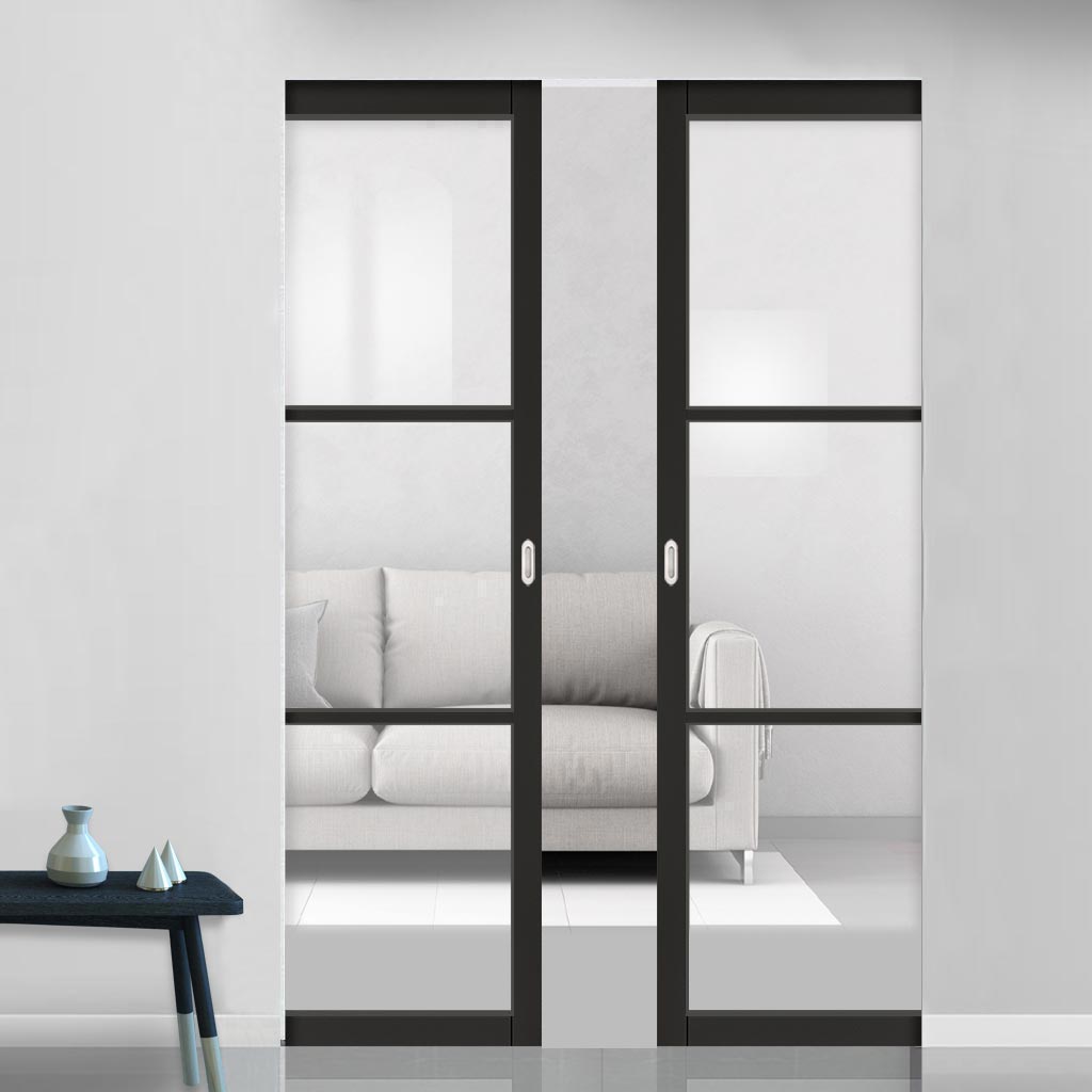 Camden Black Double Absolute Evokit Double Pocket Door - Prefinished - Clear Glass - Urban Collection