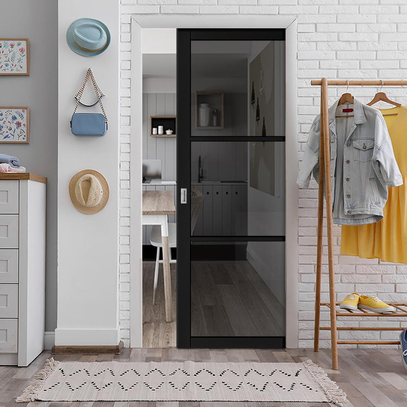 Camden Black Single Evokit Pocket Door - Prefinished - Tinted Glass - Urban Collection