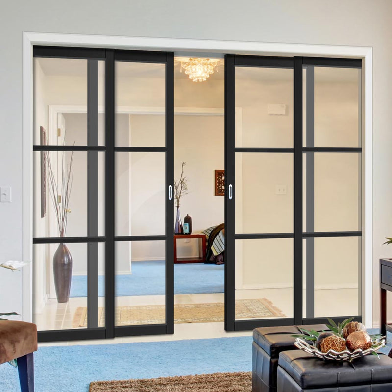 Camden Black Staffetta Quad Telescopic Pocket Door - Prefinished - Clear Glass - Urban Collection