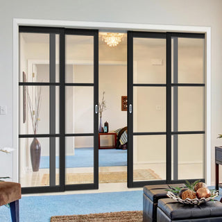 Image: Camden Black Staffetta Quad Telescopic Pocket Door - Prefinished - Clear Glass - Urban Collection