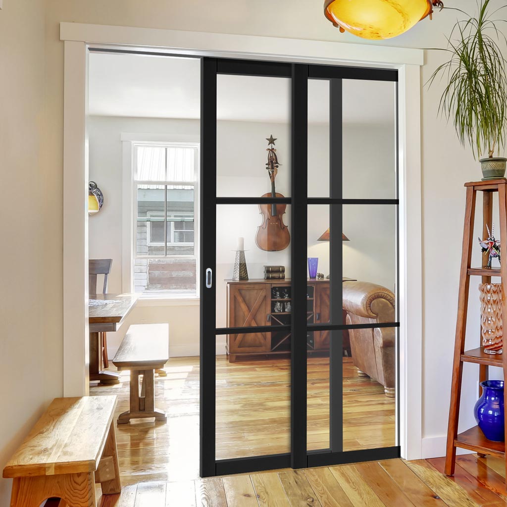 Camden Black Staffetta Twin Telescopic Pocket Door - Prefinished - Clear Glass - Urban Collection