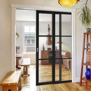 Image: Camden Black Staffetta Twin Telescopic Pocket Door - Prefinished - Clear Glass - Urban Collection