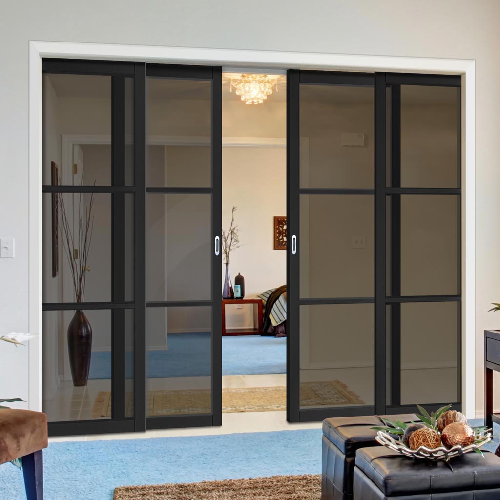 Camden Black Staffetta Quad Telescopic Pocket Door - Prefinished - Tinted Glass - Urban Collection