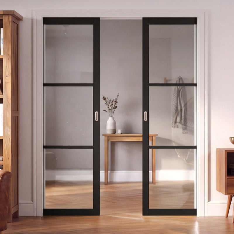 Camden Black Double Evokit Pocket Doors - Prefinished - Clear Glass - Urban Collection