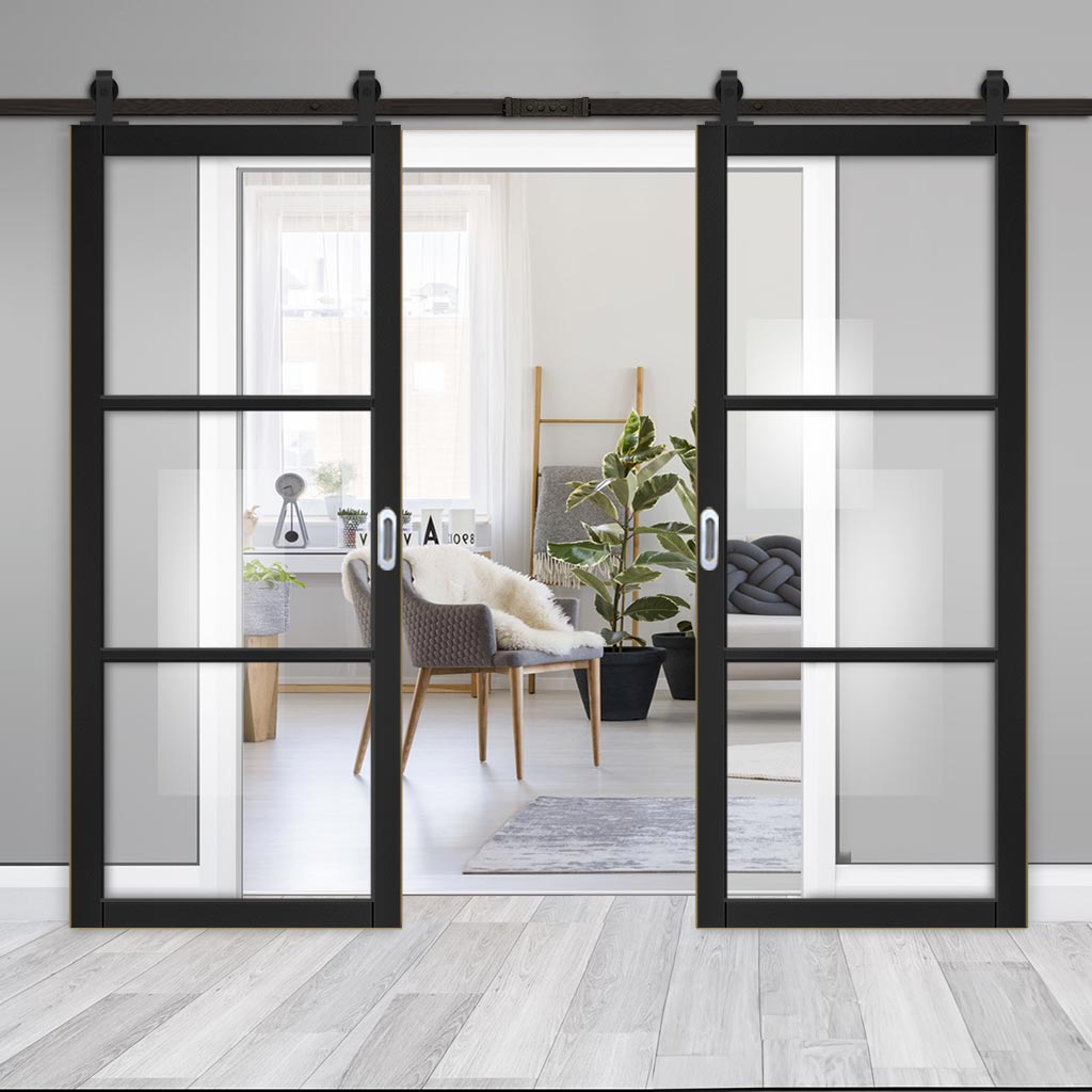 Top Mounted Sliding Track & Camden Black Double Door - Prefinished - Clear Glass - Urban Collection