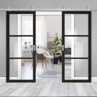 Image: Top Mounted Stainless Steel Sliding Track & Camden Black Double Door - Prefinished - Clear Glass - Urban Collection