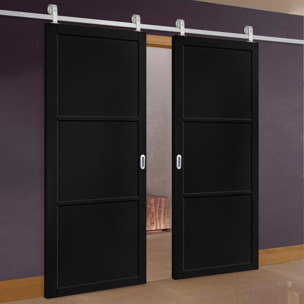 Top Mounted Stainless Steel Sliding Track & Camden Black Double Door - Prefinished - Urban Collection