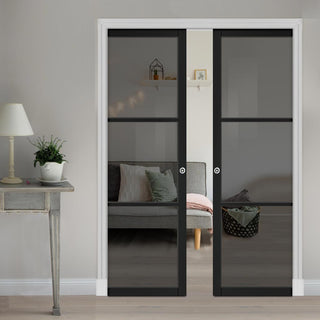Image: Camden Black Double Evokit Pocket Doors - Prefinished - Tinted Glass - Urban Collection