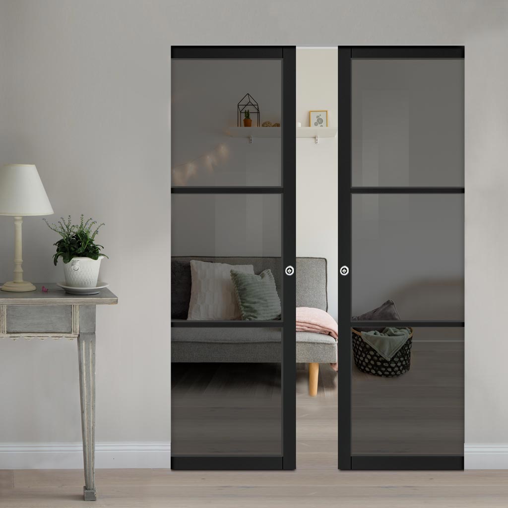 Camden Black Double Absolute Evokit Double Pocket Door - Prefinished - Tinted Glass - Urban Collection