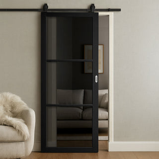 Image: Top Mounted Sliding Track & Door - Camden Black Door - Prefinished - Tinted Glass - Urban Collection