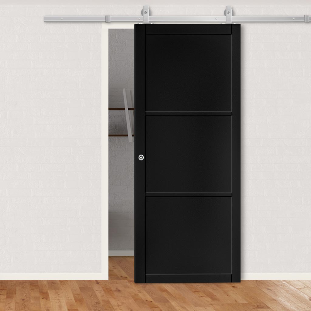 Top Mounted Stainless Steel Sliding Track & Camden Black Door - Prefin