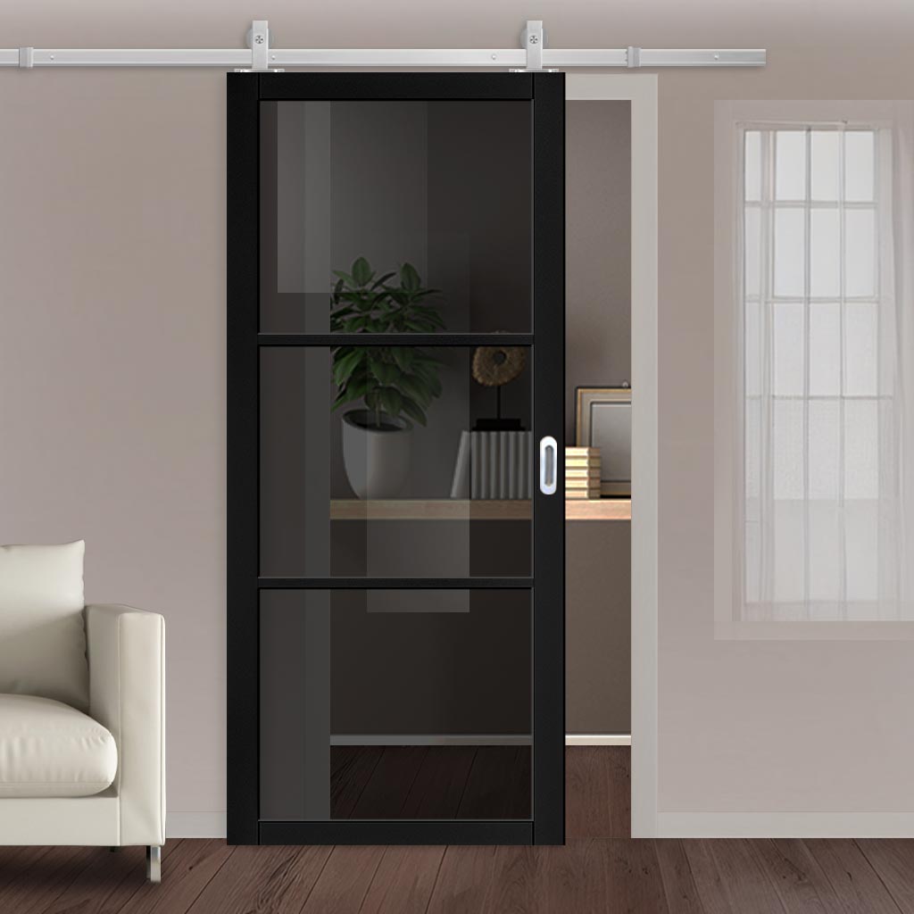 Top Mounted Stainless Steel Sliding Track & Camden Black Door - Prefinished - Tinted Glass - Urban Collection