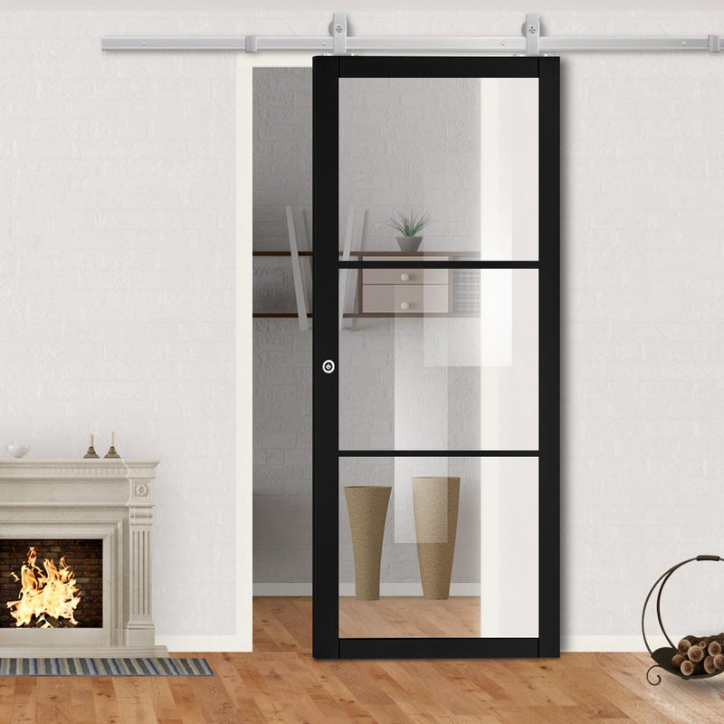 Top Mounted Stainless Steel Sliding Track & Camden Black Door - Prefinished - Clear Glass - Urban Collection