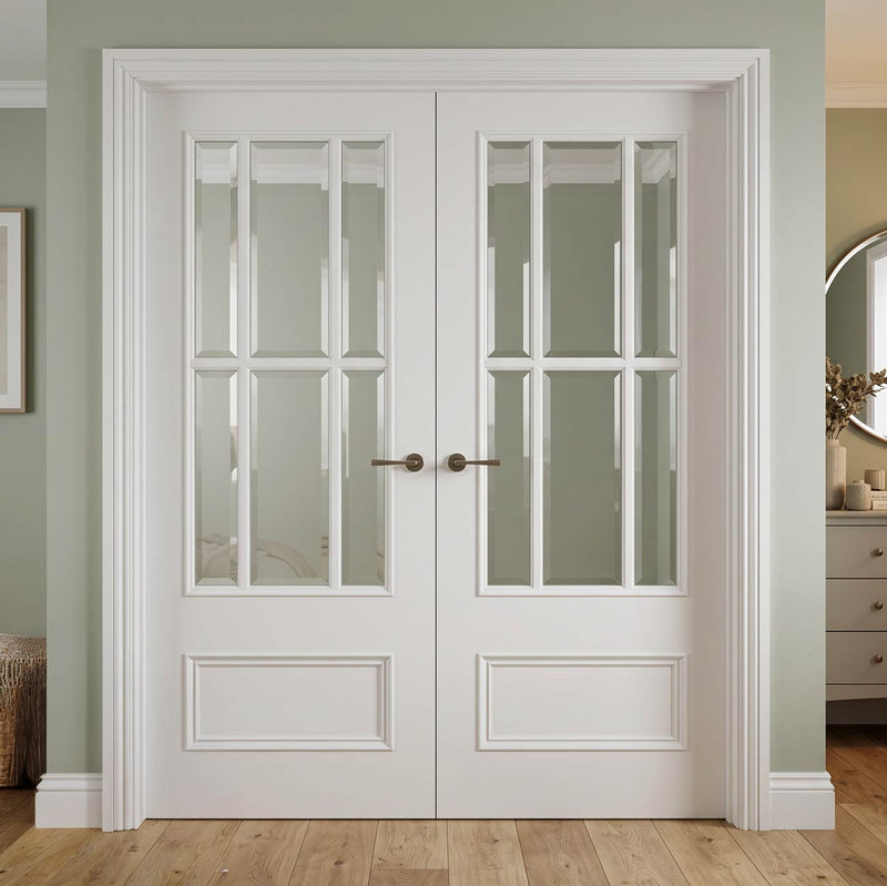 Canterbury White Primed Internal Door Pair - Clear Bevelled Glass