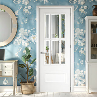 Image: EasiKit Internal Door and Frame Kit - Canterbury White Primed Internal Door - Clear Bevelled Glass