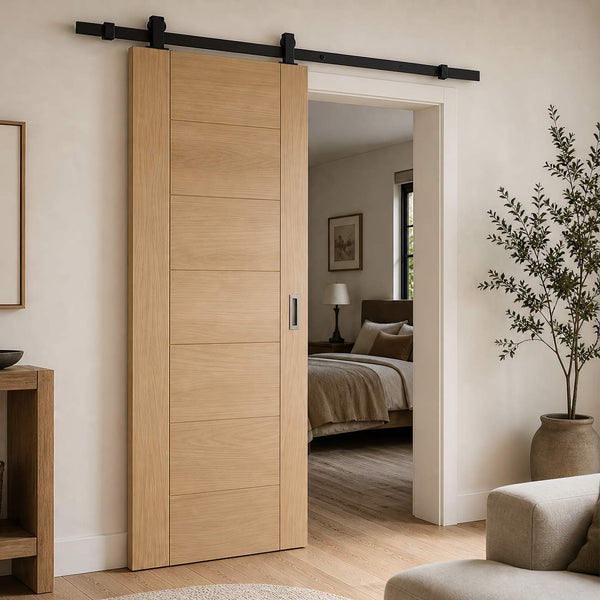 Top Mounted Black Sliding Track & Door - Carini Oak Internal Door - Unfinished