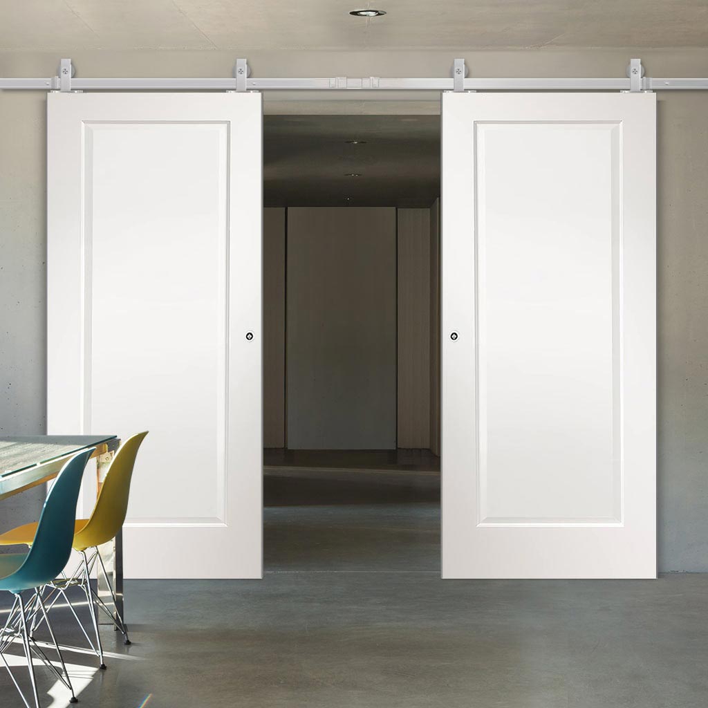 Top Mounted Stainless Steel Sliding Track & Double Door - Cesena White 1 Panel Doors - Prefinished