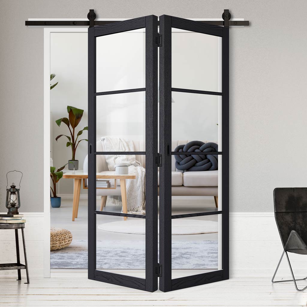 SpaceEasi Top Mounted Black Folding Track & Double Door  - Soho 4 Pane Charcoal Door - Clear Glass - Prefinished