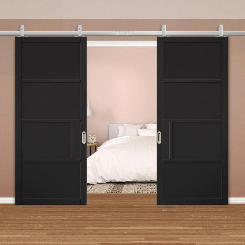 Top Mounted Stainless Steel Sliding Track & Double Door - Chelsea 4 Panel Black Painted Doors - Prefinished