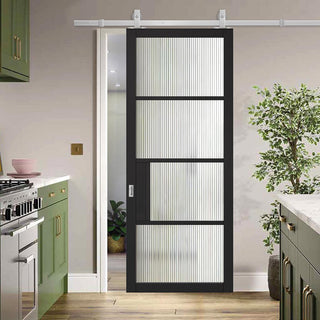 Image: Top Mounted Stainless Steel Sliding Track & Door - Chelsea 4 Pane Black Primed Door - Reeded Glass