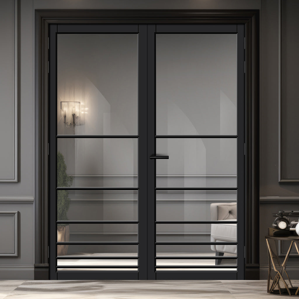 Chord Solid Wood Internal Door Pair UK Made DD0110C Clear Glass - Shadow Black Premium Primed - Urban Lite® Bespoke Sizes