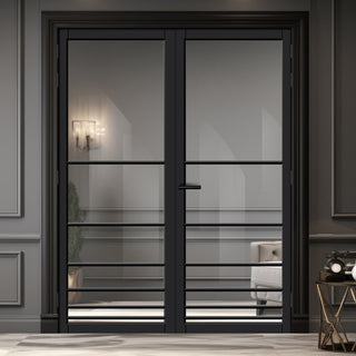 Image: Chord Solid Wood Internal Door Pair UK Made DD0110C Clear Glass - Shadow Black Premium Primed - Urban Lite® Bespoke Sizes