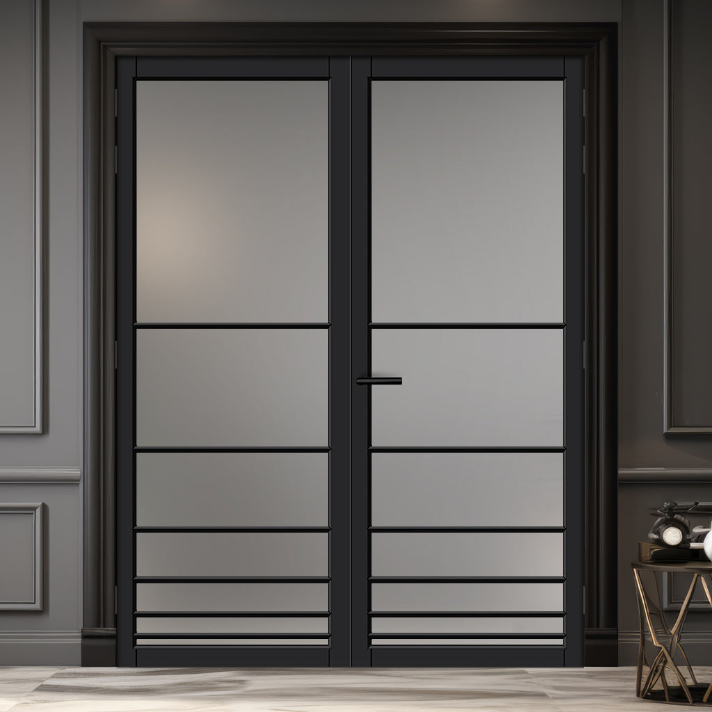 Chord Solid Wood Internal Door Pair UK Made DD0110F Frosted Glass - Shadow Black Premium Primed - Urban Lite® Bespoke Sizes