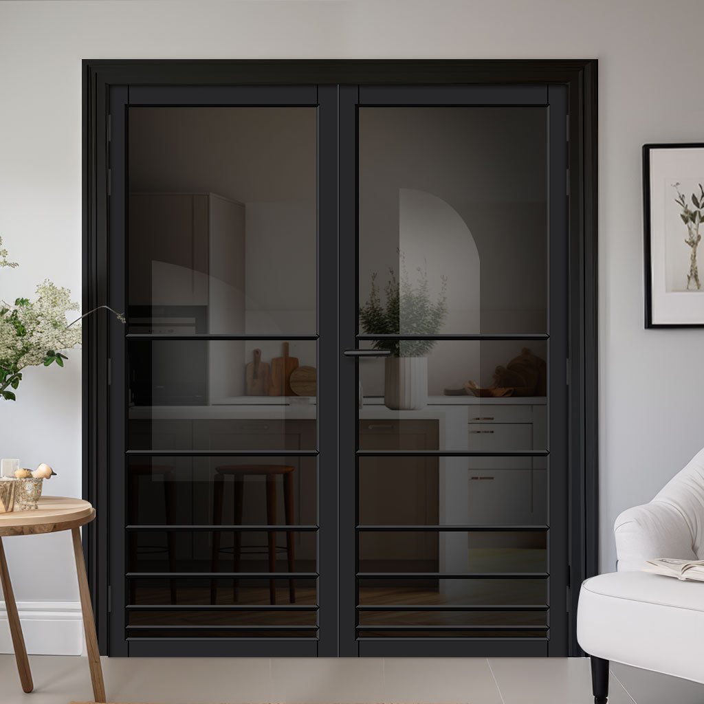 Chord Solid Wood Internal Door Pair UK Made DD0110T Tinted Glass - Shadow Black Premium Primed - Urban Lite® Bespoke Sizes