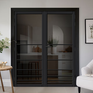 Image: Chord Solid Wood Internal Door Pair UK Made DD0110T Tinted Glass - Shadow Black Premium Primed - Urban Lite® Bespoke Sizes