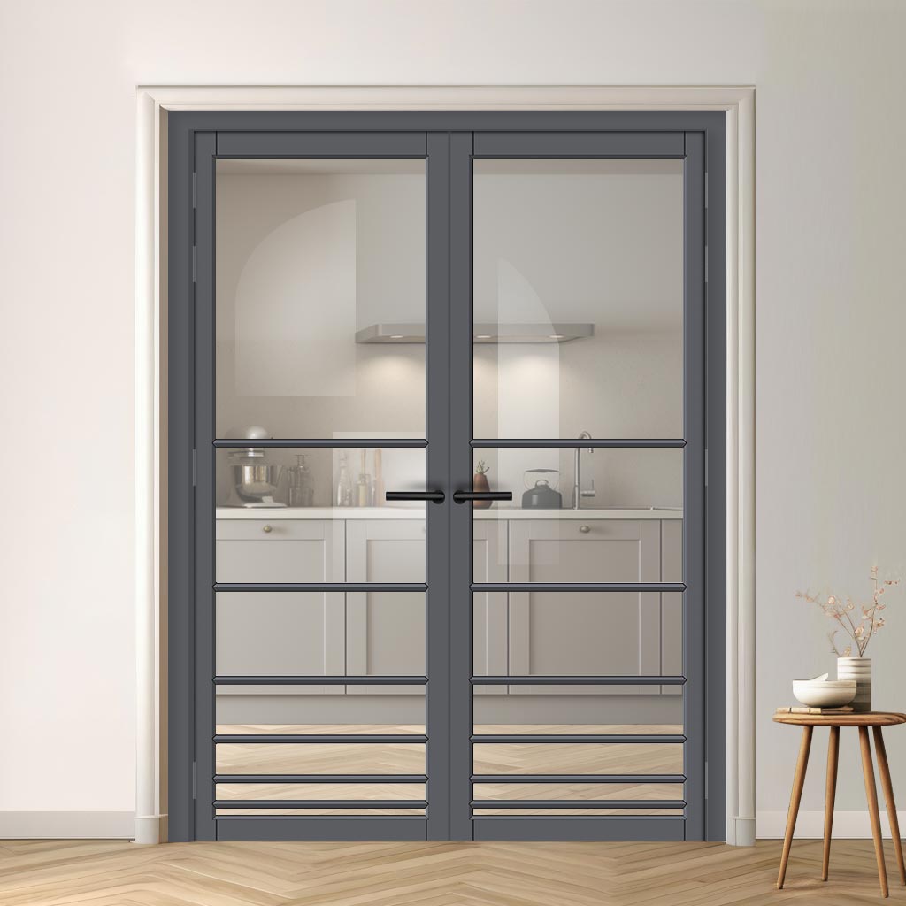 Chord Solid Wood Internal Door Pair UK Made DD0110C Clear Glass - Stormy Grey Premium Primed - Urban Lite® Bespoke Sizes