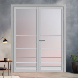 Image: Chord Solid Wood Internal Door Pair UK Made DD0110F Frosted Glass - Mist Grey Premium Primed - Urban Lite® Bespoke Sizes
