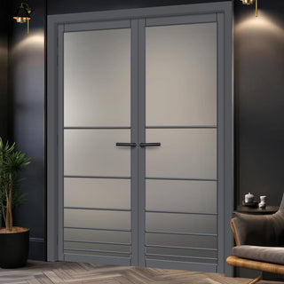 Image: Chord Solid Wood Internal Door Pair UK Made DD0110F Frosted Glass - Stormy Grey Premium Primed - Urban Lite® Bespoke Sizes