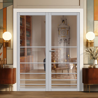 Image: Chord Solid Wood Internal Door Pair UK Made DD0110C Clear Glass - Mist Grey Premium Primed - Urban Lite® Bespoke Sizes