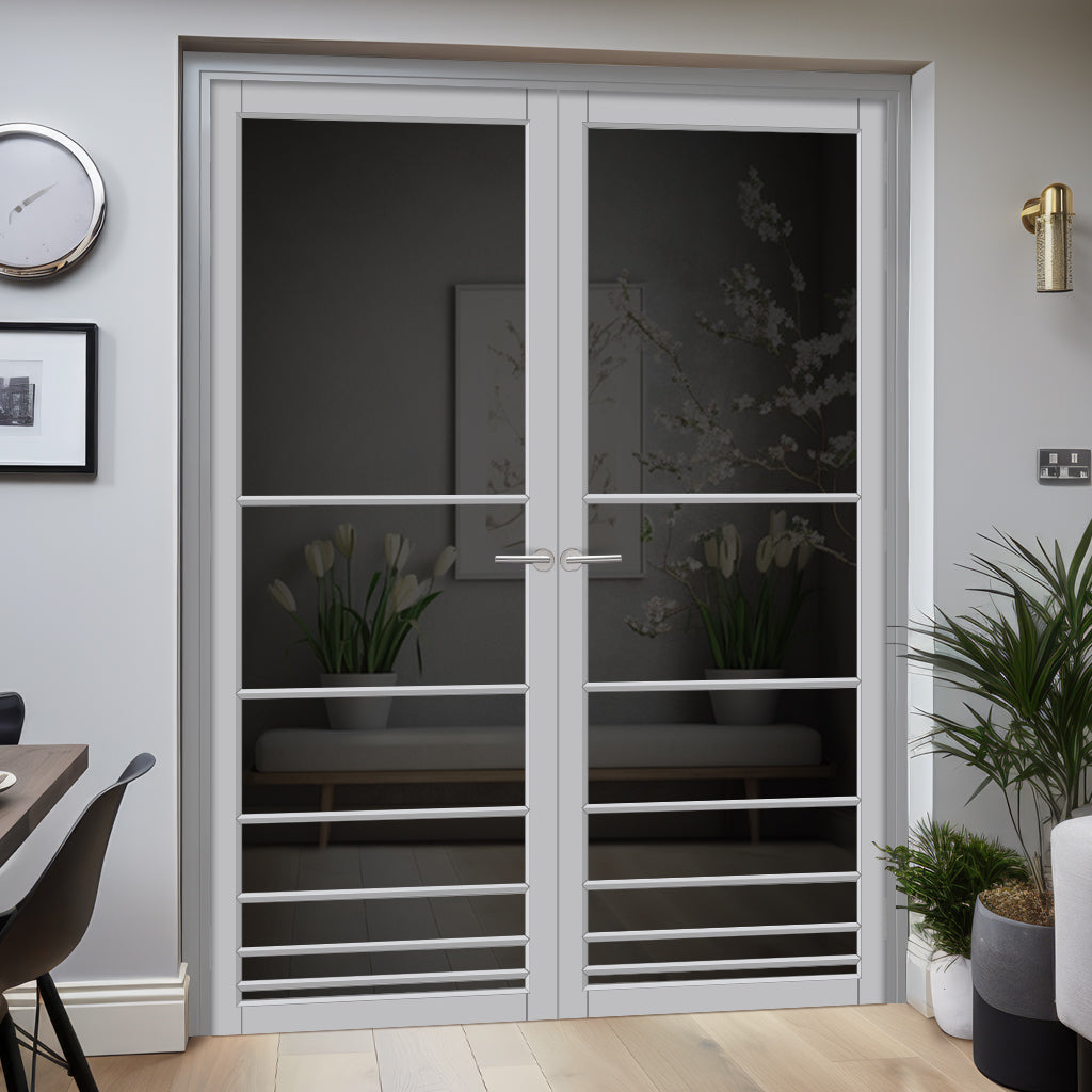 Chord Solid Wood Internal Door Pair UK Made DD0110T Tinted Glass - Mist Grey Premium Primed - Urban Lite® Bespoke Sizes