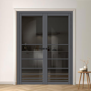 Image: Chord Solid Wood Internal Door Pair UK Made DD0110T Tinted Glass - Stormy Grey Premium Primed - Urban Lite® Bespoke Sizes