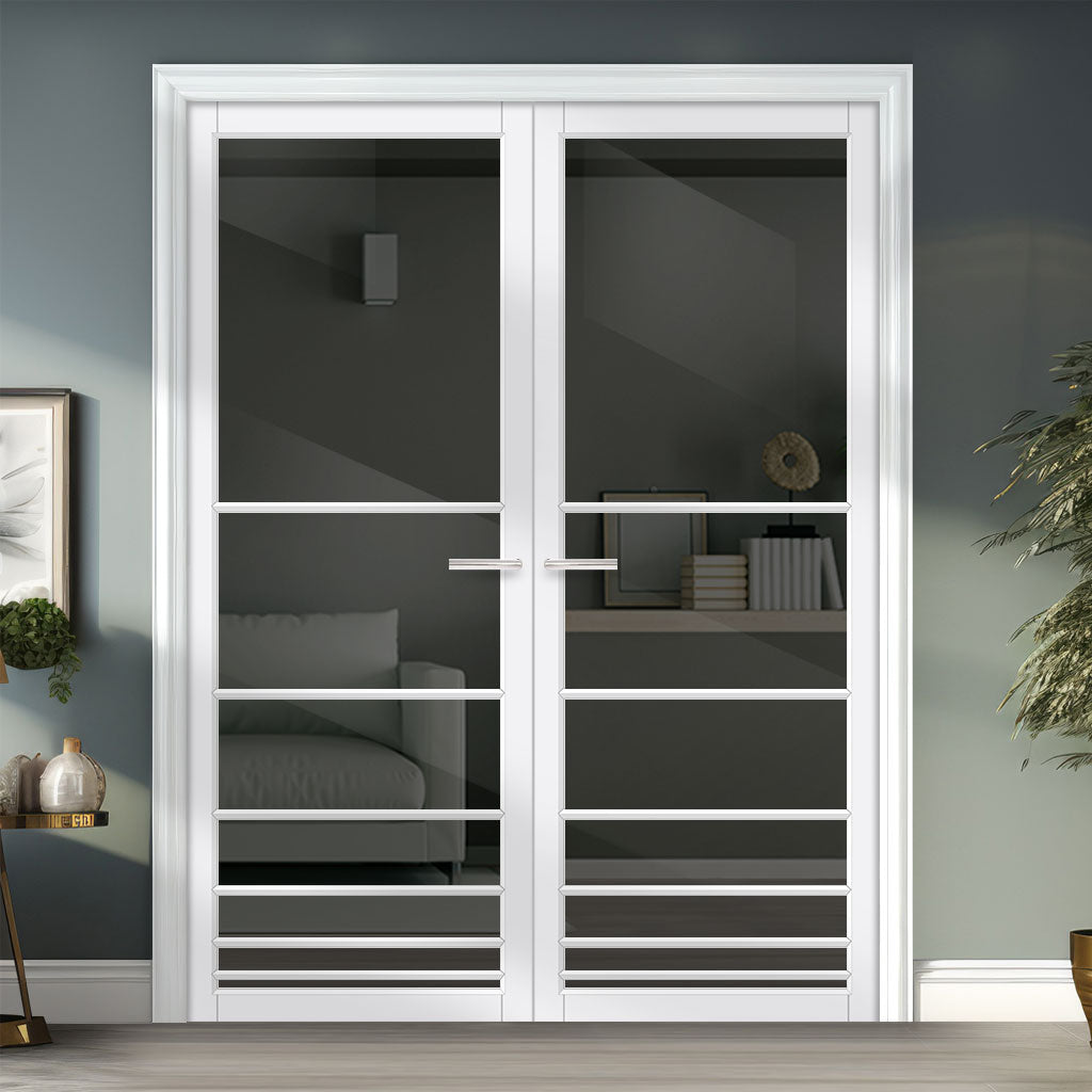 Chord Solid Wood Internal Door Pair UK Made DD0110T Tinted Glass - Cloud White Premium Primed - Urban Lite® Bespoke Sizes