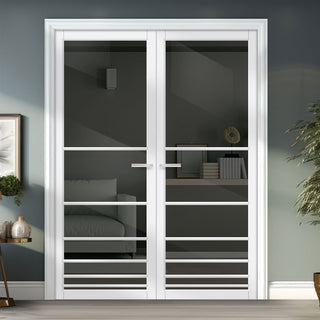 Image: Chord Solid Wood Internal Door Pair UK Made DD0110T Tinted Glass - Cloud White Premium Primed - Urban Lite® Bespoke Sizes