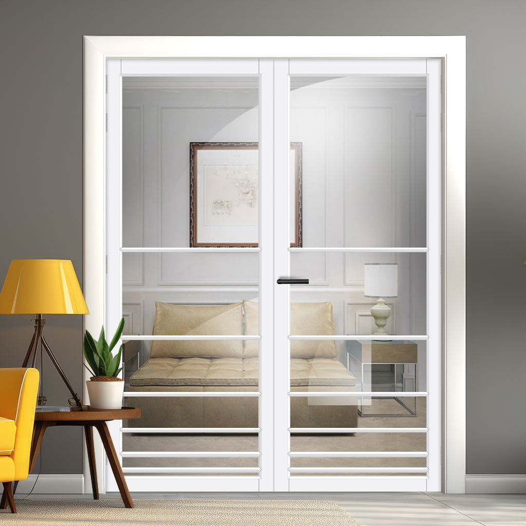 Chord Solid Wood Internal Door Pair UK Made DD0110C Clear Glass - Cloud White Premium Primed - Urban Lite® Bespoke Sizes