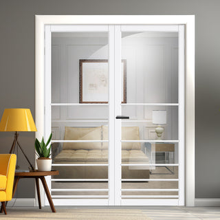 Image: Chord Solid Wood Internal Door Pair UK Made DD0110C Clear Glass - Cloud White Premium Primed - Urban Lite® Bespoke Sizes