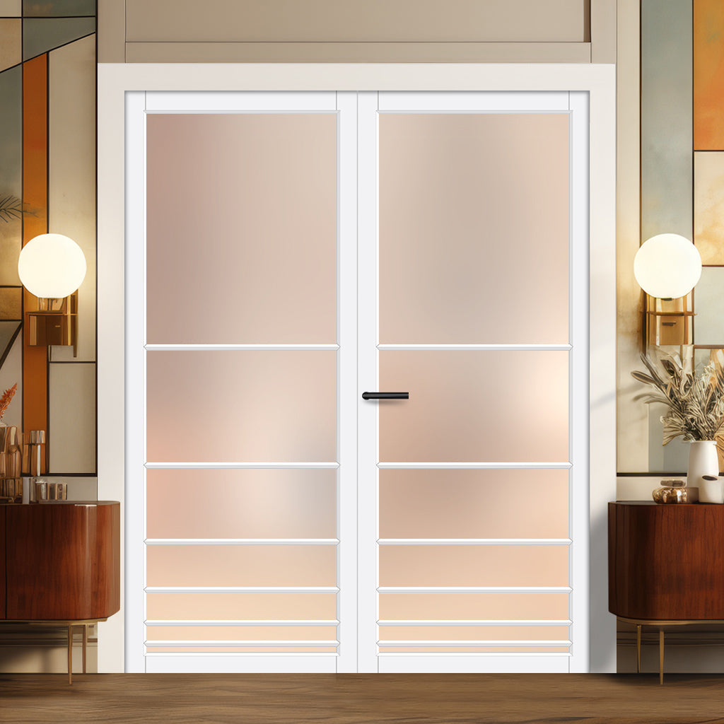 Chord Solid Wood Internal Door Pair UK Made DD0110F Frosted Glass - Cloud White Premium Primed - Urban Lite® Bespoke Sizes