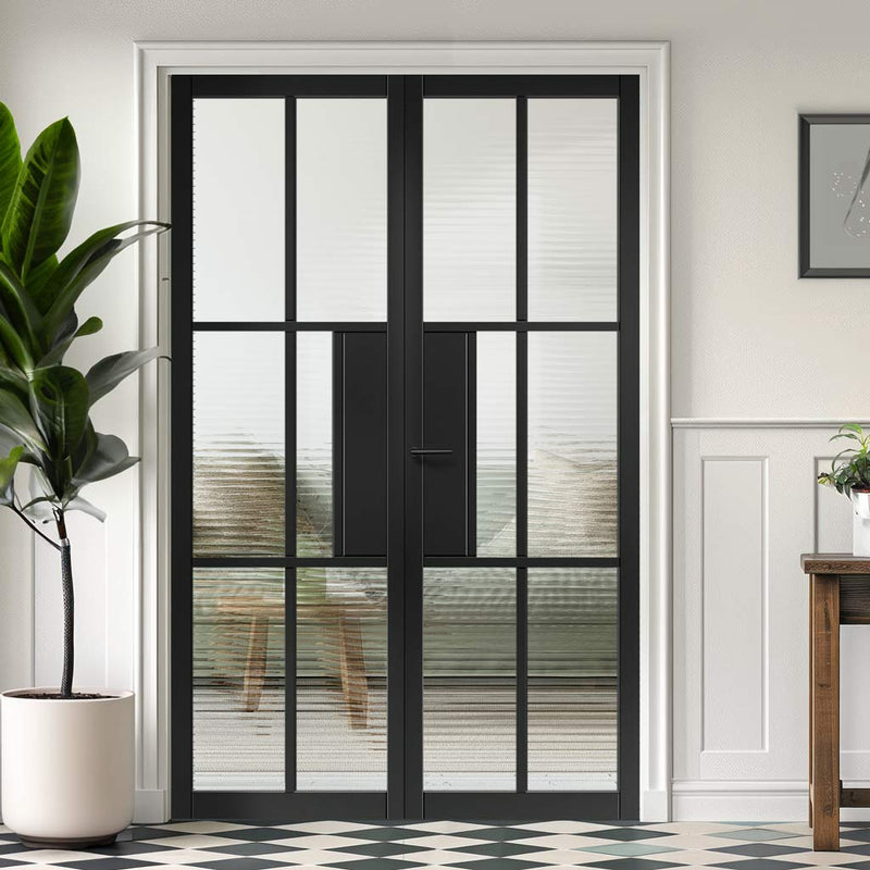 Civic Black Industrial Door Pair with Reeded Glass - Prefinished