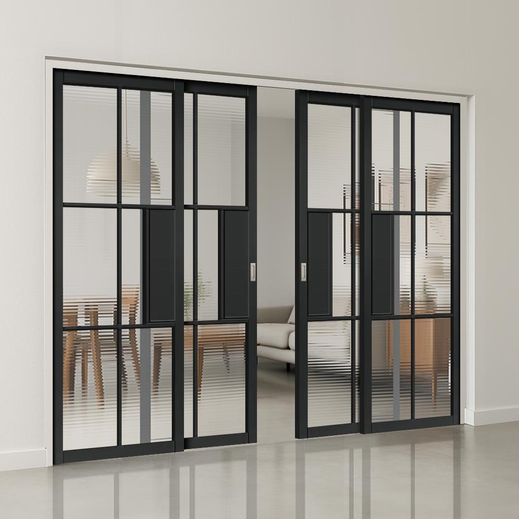Civic Black Industrial Staffetta Quad Telescopic Pocket Doors - Reeded  Glass - Prefinished