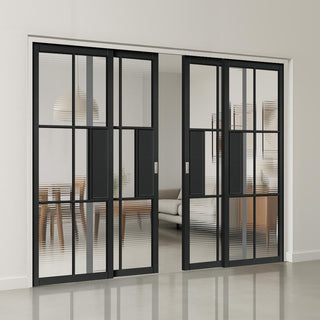 Image: Civic Black Industrial Staffetta Quad Telescopic Pocket Doors - Reeded  Glass - Prefinished