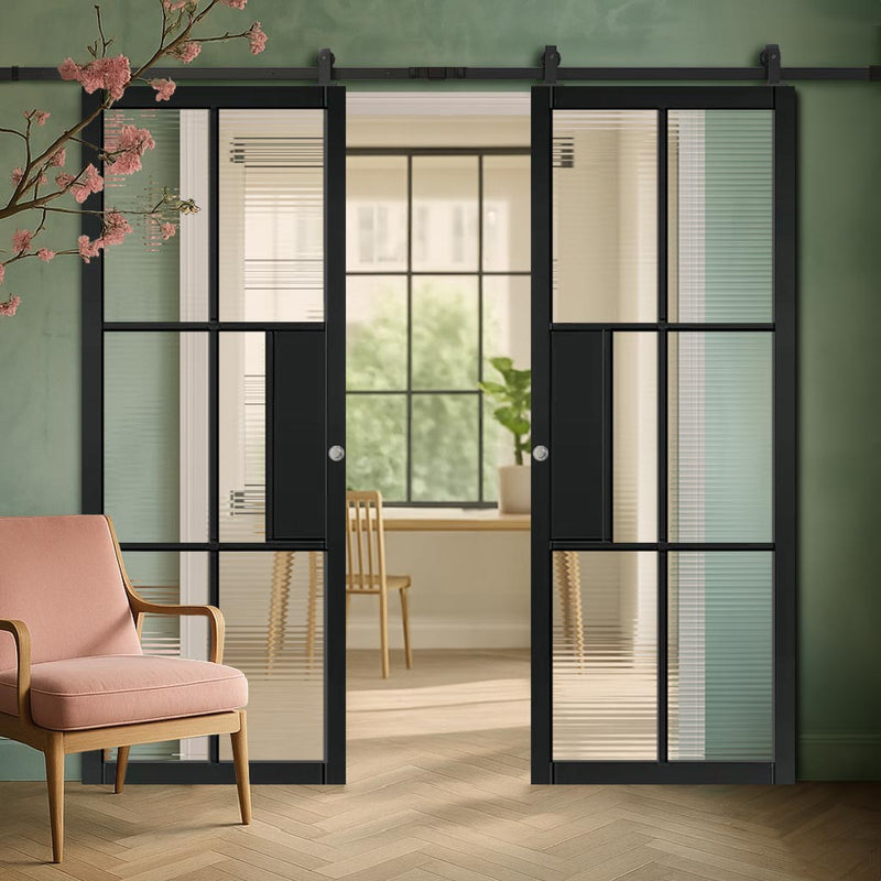 Top Mounted Black Sliding Track & Double Door - Civic Black Industrial Door with Reeded  Glass - Prefinished